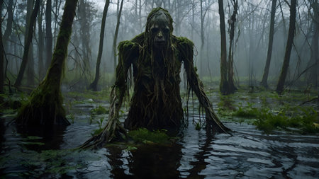 a horrible creature is coming from waterの素材