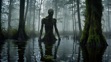 a horrible creature is coming from waterの素材