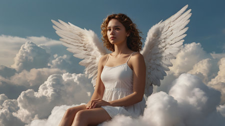 A beautiful white female angel sits with wings on a cloud in heavenの素材