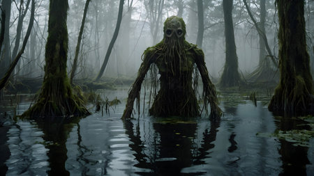 a horrible creature is coming from waterの素材