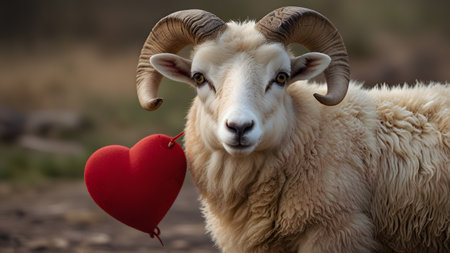 Wild cheeky sheep with long winding hornsの素材