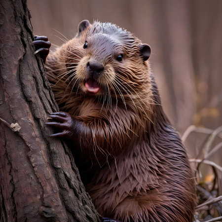 Pretty beaver crawls around and nibbles on treesの素材