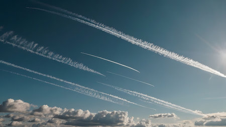 airplane contrails at blue skyの素材