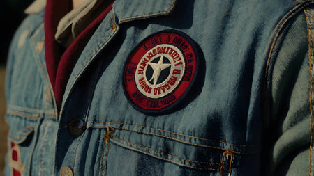 blue military jacket with stickersの素材