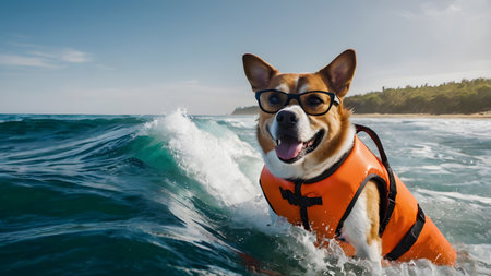 cute animal baywatch on surf board in the seaの素材
