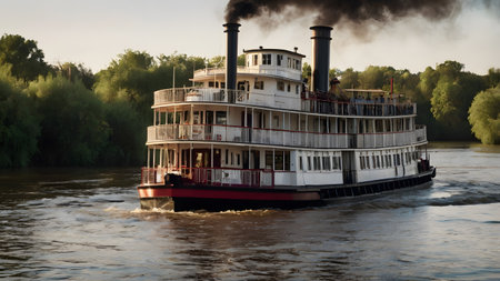 large river ship drives on river in south americaの素材