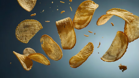 spicy and crispy potato chips are flyingの素材