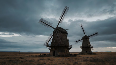 ancient windmill in grassland landscapeの素材
