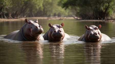 Flowhorse is swimming in the warm river in Africaの素材
