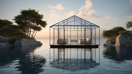 glasshouse with young plants swims on water in lakeの素材