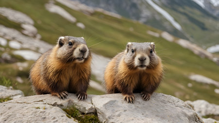 Pretty marmots crawl around and nibble on treesの素材