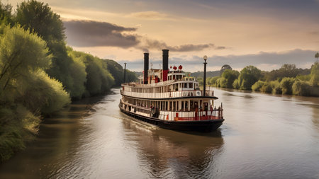 large river ship drives on river in south americaの素材