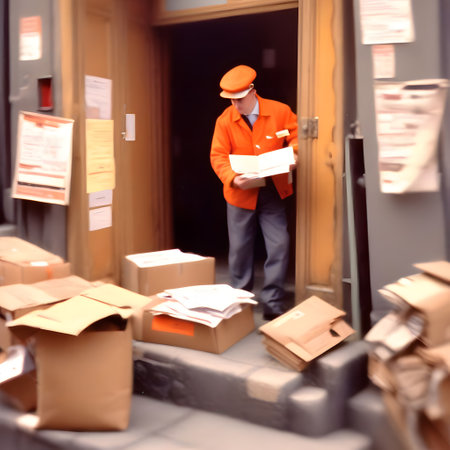 postman in orange uniform is delivering the daily postの素材
