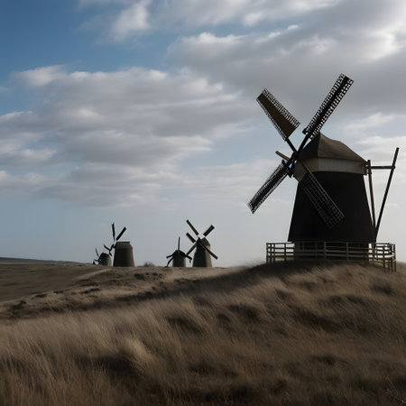 ancient windmill in grassland landscapeの素材