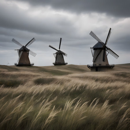 ancient windmill in grassland landscapeの素材