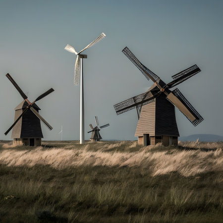 ancient windmill in grassland landscapeの素材
