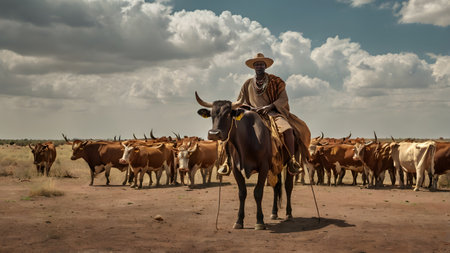 African cowboys with a herd of animalsの素材
