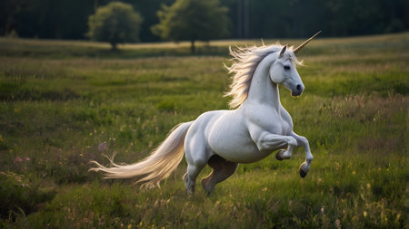 Unicorn as a magical creature springs on meadowの素材