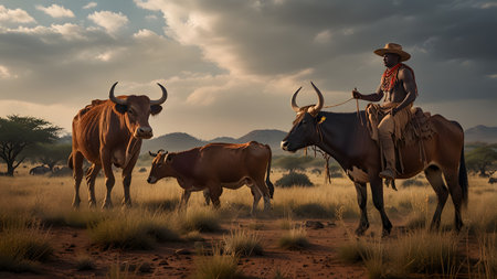 African cowboys with a herd of animalsの素材