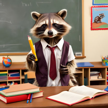 racoon teacher with tie in classroomの素材