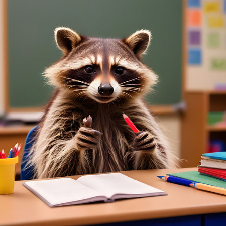 racoon teacher with tie in classroomの素材
