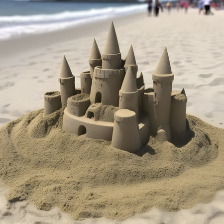 sandy sand castle on beach with wavesの素材