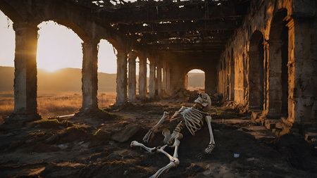 a skeleton is alone in dystopian landscape by sundownの素材