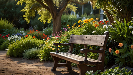 natural garden with bushes, herbs, bench and pathの素材