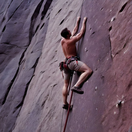 young men are climbing in hight rocksの素材