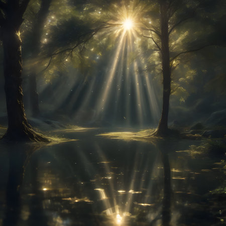 lake with green forest and reflections in romantic atmosphereの素材