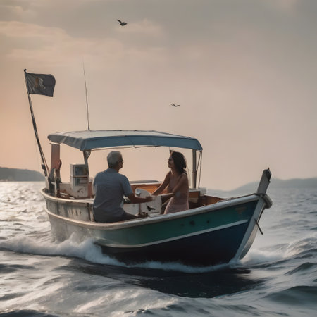 people on a sailing boat at wide seaの素材