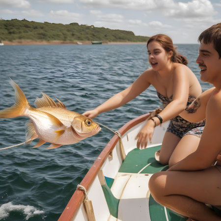 people on a sailing boat at wide seaの素材