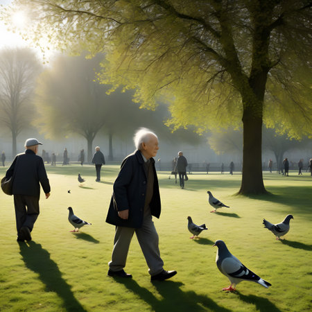people in park are feeding pigeonsの素材
