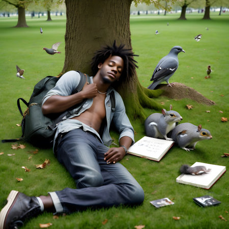 People are relaxing under a green tree in parkの素材
