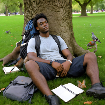People are relaxing under a green tree in parkの素材
