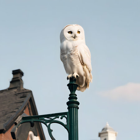 brown owl is sitting on lamppost and looking for foodの素材