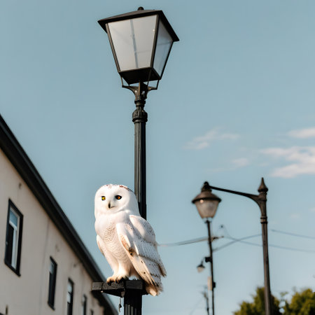 brown owl is sitting on lamppost and looking for foodの素材