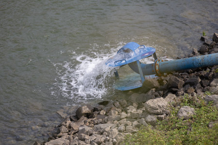 Fountain with water fountains in the pond in Andernachの写真素材