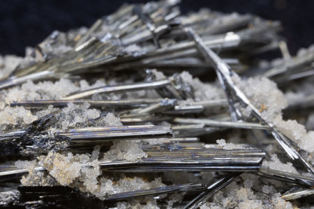 black shiney Antimonite crystals in close-upの写真素材