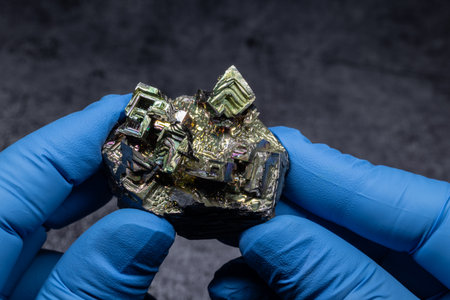 Scientist examines iridescent bismuth crystals in close-up