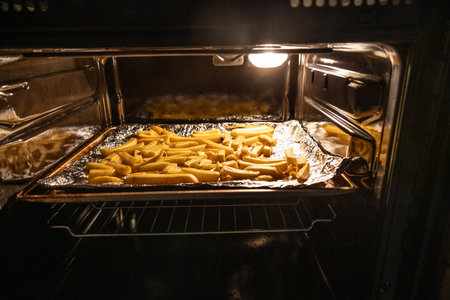 Bake the fries in the oven on a baking tray until golden close upの写真素材