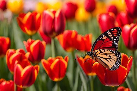 Butterfly on tulip flower in garden, nature background.の素材