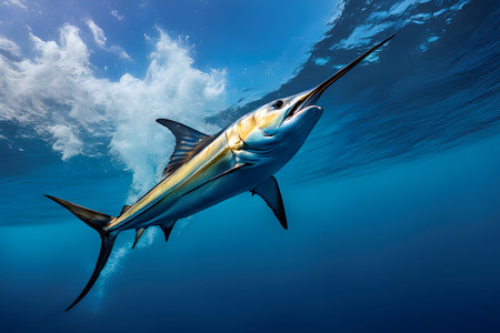 Swordfish swimming in the blue ocean with waves and blue sky.の素材
