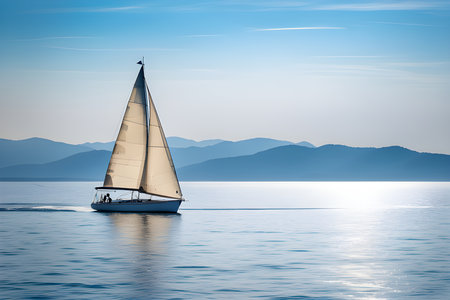 Sailing boat in the sea with mountains in the background. Beautiful seascape.の素材