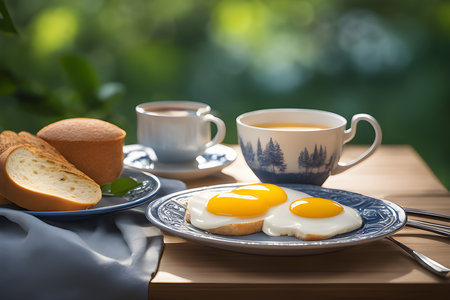 Breakfast with fried eggs in a plate on a wooden table.の素材