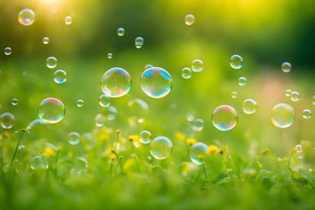 Soap bubbles on green grass background with beautiful bokeh.の素材