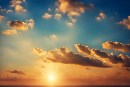 Sunset over the sea. Dramatic sky. Nature background.の素材