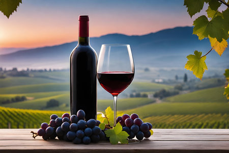 Wine bottle and glass of red wine on vineyard in Tuscany, Italyの素材