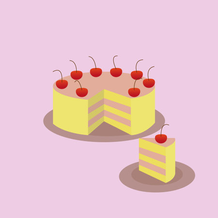 Cake with cherry. Sliced piece of cake