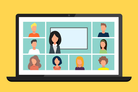 online class. School Learn, Study from home via Teleconference or Video Conference Call During Pandemic Outbreak Display on Screen. Emergency School, College Test or Course Elementの写真素材